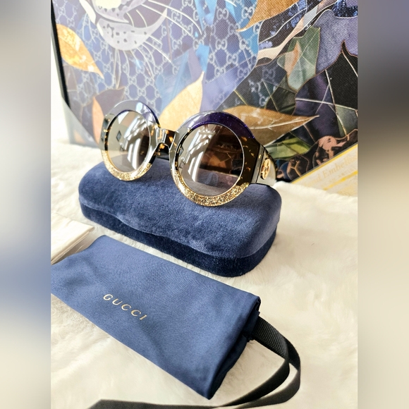 ‼️SOLD‼️New- Gucci Acetate Round Sunglasses Blue Havana Brown - Picture 6 of 16